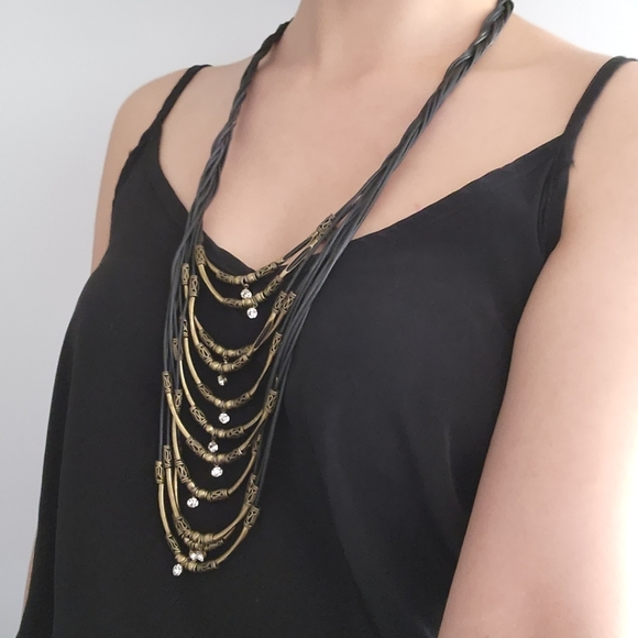 Steve Madden black leather layer necklace Preowned - Picture 2 of 5